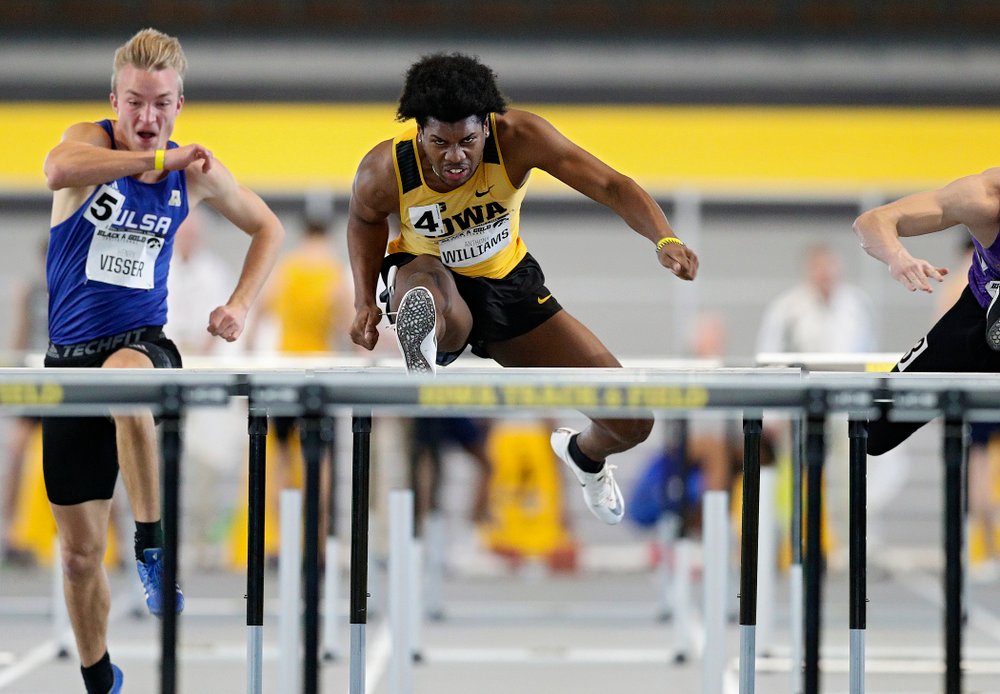 Iowa’s Anthony Williams runs the men’s 60 meter hurdles event at the Black and Gold Invite at the Recreation Building in Iowa City on Saturday, February 1, 2020. (Stephen Mally/hawkeyesports.com)