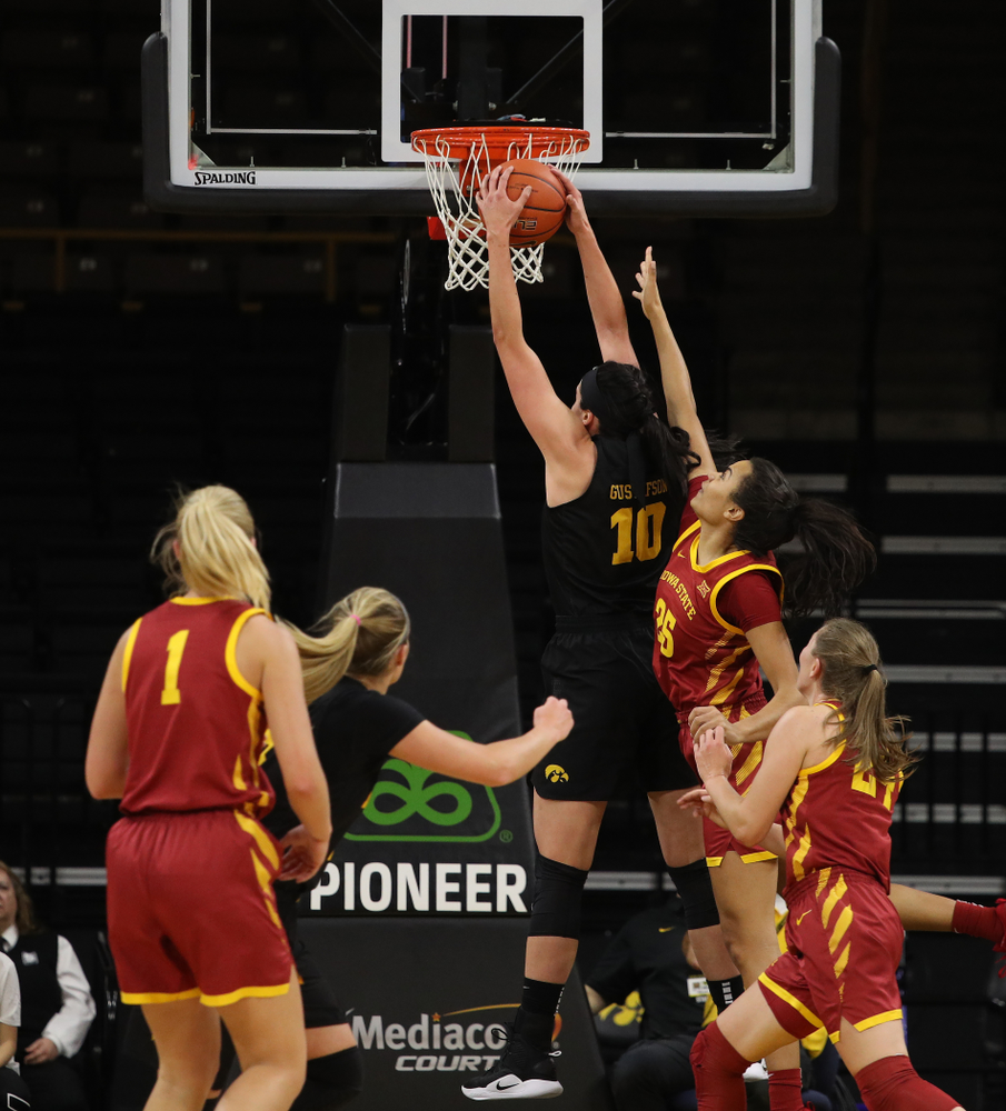Iowa Hawkeyes forward Megan Gustafson (10) grabs a rebound against the Iowa State Cyclones in the Iowa Corn Cy-Hawk Series Wednesday, December 5, 2018 at Carver-Hawkeye Arena. (Brian Ray/hawkeyesports.com)