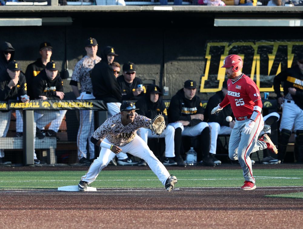 Iowa Hawkeyes Izaya Fullard (20) against the Nebraska Cornhuskers on Military Appreciation Night Friday, April 19, 2019 at Duane Banks Field. (Brian Ray/hawkeyesports.com)