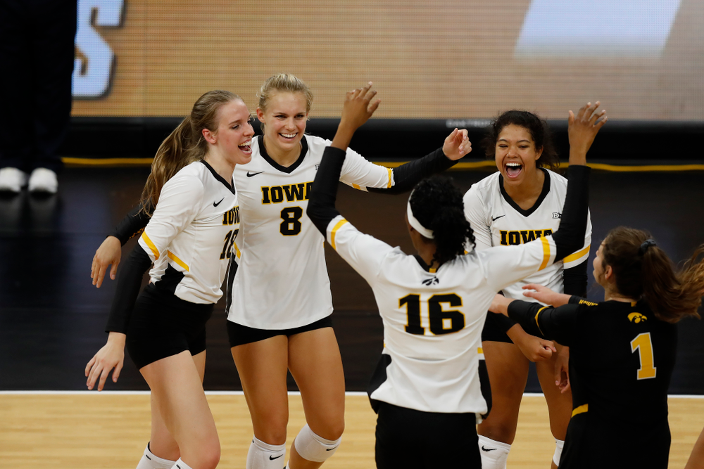 Iowa Hawkeyes middle blocker Hannah Clayton (18), right side hitter Reghan Coyle (8), and setter Gabrielle Orr (7) against Eastern Illinois Sunday, September 9, 2018 at Carver-Hawkeye Arena. (Brian Ray/hawkeyesports.com)