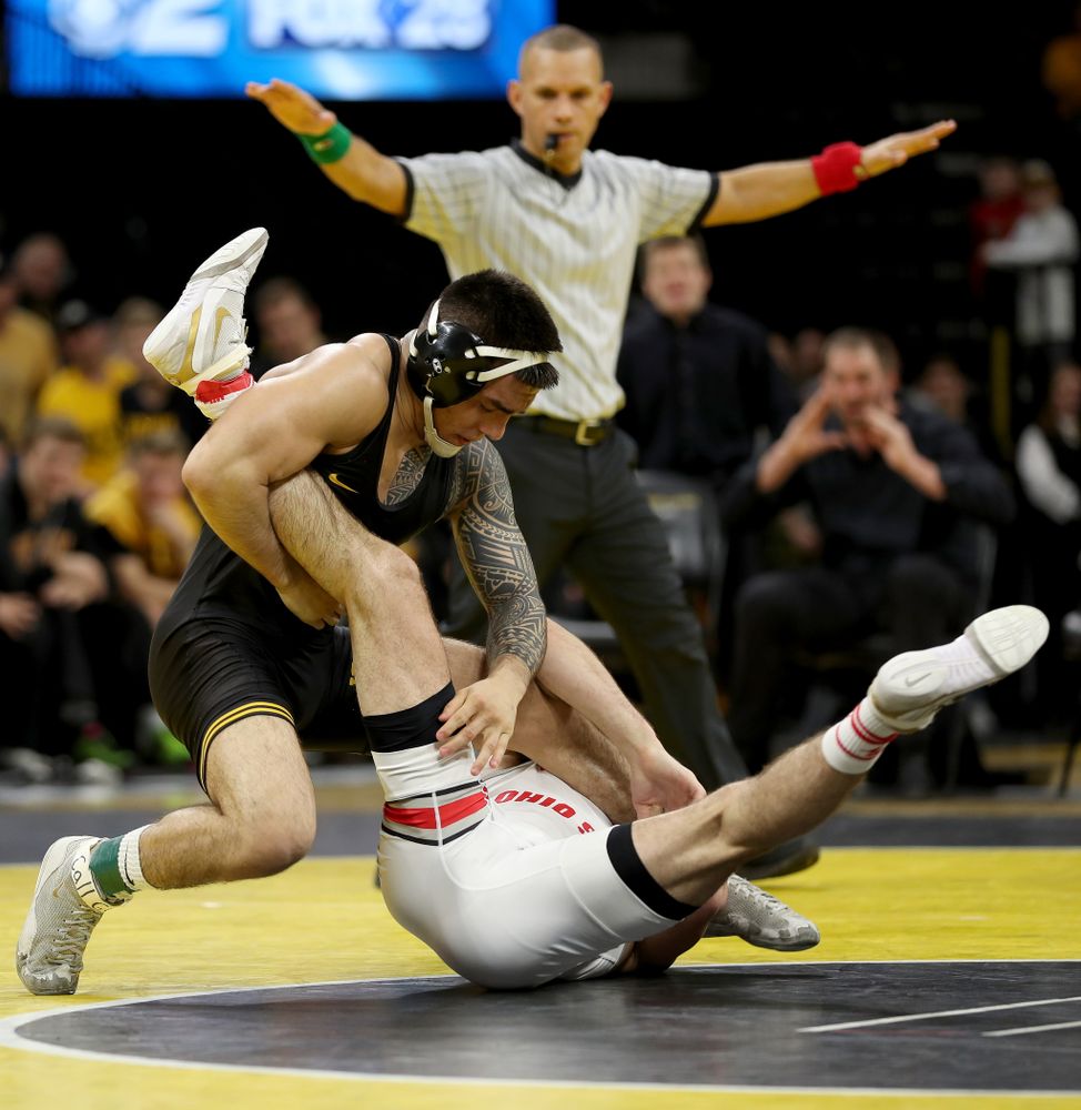 Iowa’s Pat Lugo wrestles Ohio State’s Sammy Sasso at 149 pounds Friday, January 24, 2020 at Carver-Hawkeye Arena. Sasso won the match with a 2-1 in overtime. (Brian Ray/hawkeyesports.com)