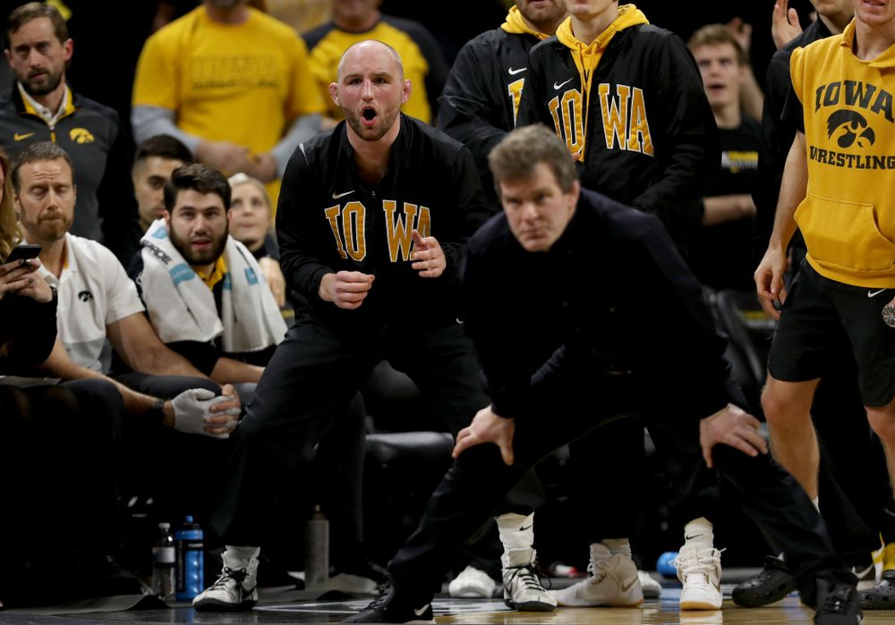 Alex Marinelli cheers as Iowa’s Abe Assad wrestles Ohio State’s Rockey Jordan at 184 pounds Friday, January 24, 2020 at Carver-Hawkeye Arena. Assad won the match 3-1. (Brian Ray/hawkeyesports.com)