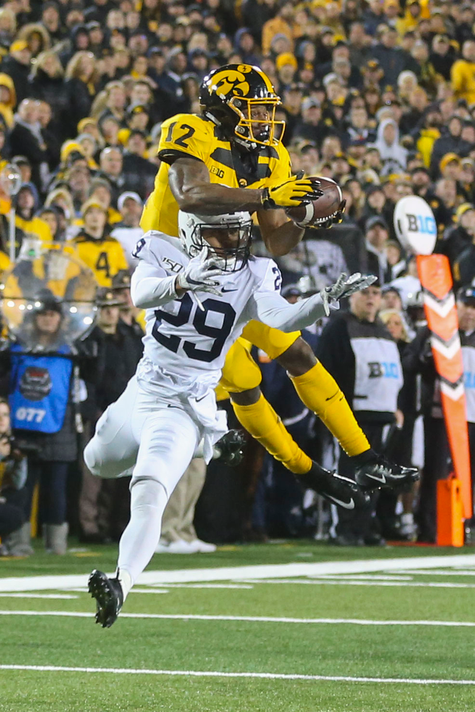 Iowa Hawkeyes wide receiver Brandon Smith (12) during Iowa football vs Penn State on Saturday, October 12, 2019 at Kinnick Stadium. (Lily Smith/hawkeyesports.com)