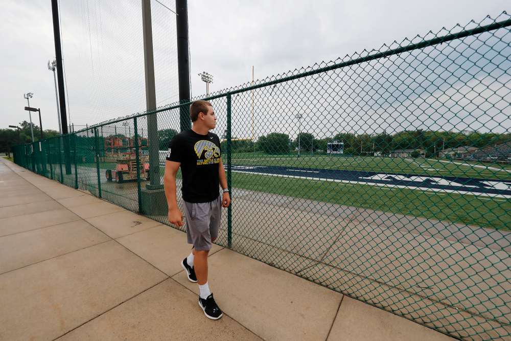 Iowa Hawkeyes quarterback Nathan Stanley (4) talks about his memories of playing high school football on the field at the University of WisconsinÐStout Wednesday, May 30, 2018 in Menomonie, Wisc. (Brian Ray/hawkeyesports.com)