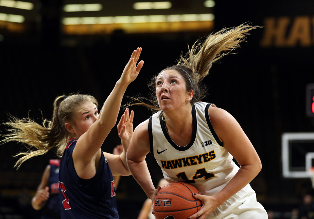 Iowa Hawkeyes forward McKenna Warnock (14) against Florida Atlantic University Thursday, November 7, 2019 at Carver-Hawkeye Arena. (Brian Ray/hawkeyesports.com)
