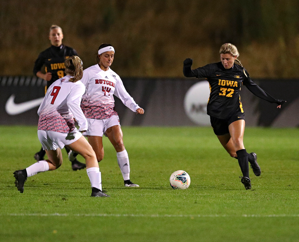 Iowa forward Gianna Gourley (32) moves with the ball during the second half of their match at the Iowa Soccer Complex in Iowa City on Friday, Oct 11, 2019. (Stephen Mally/hawkeyesports.com)