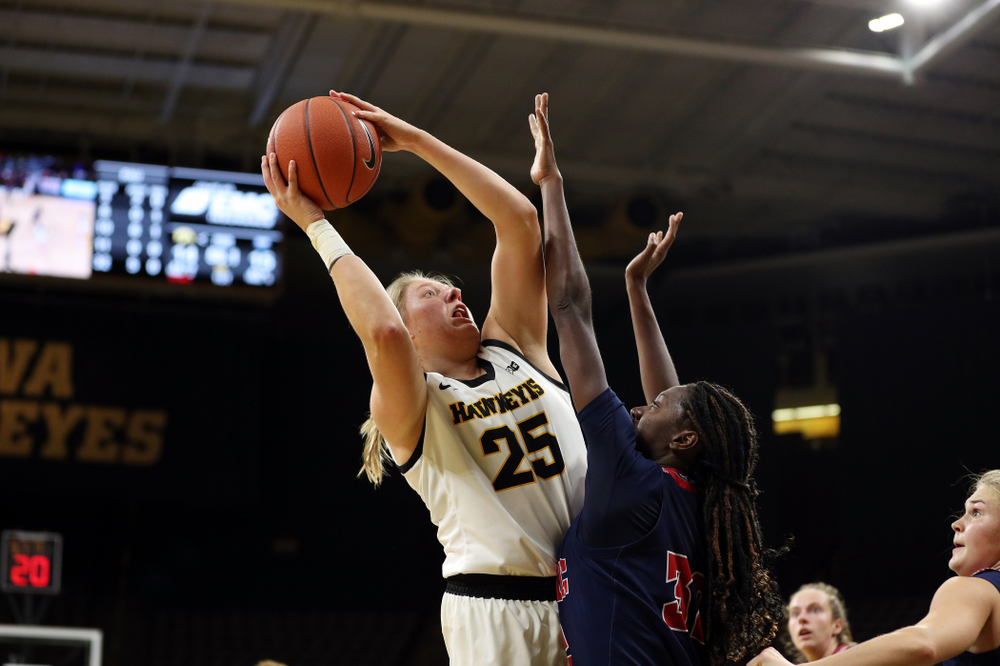 Iowa Hawkeyes forward/center Monika Czinano (25) against Florida Atlantic University Thursday, November 7, 2019 at Carver-Hawkeye Arena. (Brian Ray/hawkeyesports.com)
