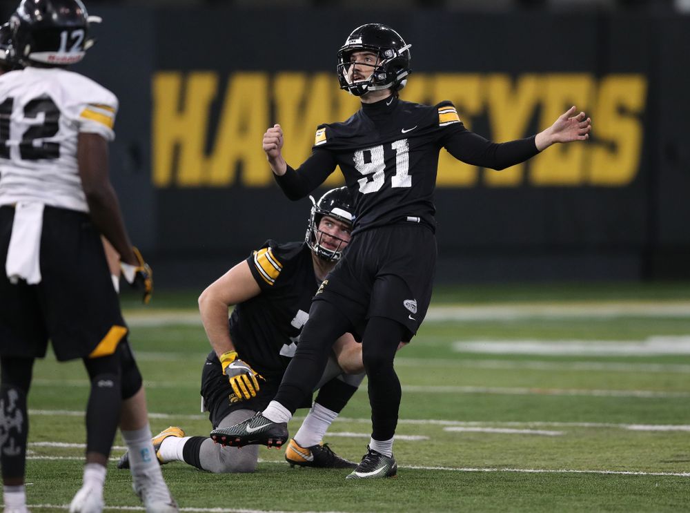 Iowa Hawkeyes place kicker Miguel Recinos (91) and punter Colten Rastetter (7) during preparation for the 2019 Outback Bowl Tuesday, December 18, 2018 at the Hansen Football Performance Center. (Brian Ray/hawkeyesports.com)