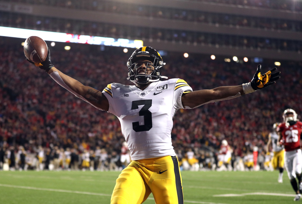 Iowa Hawkeyes wide receiver Tyrone Tracy Jr. (3) scores against the Wisconsin Badgers Saturday, November 9, 2019 at Camp Randall Stadium in Madison, Wisc. (Brian Ray/hawkeyesports.com)