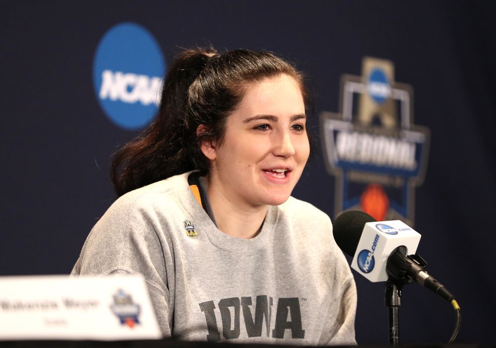 Iowa Hawkeyes forward Megan Gustafson (10) during media and practice as they prepare for their Sweet 16 matchup against NC State Friday, March 29, 2019 at the Greensboro Coliseum in Greensboro, NC.(Brian Ray/hawkeyesports.com)
