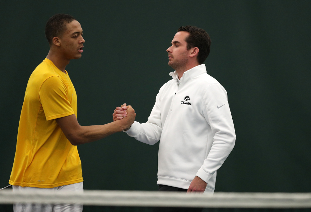 Oliver Okonkwo against Utah Sunday, February 10, 2019 at the Hawkeye Tennis and Recreation Complex. (Brian Ray/hawkeyesports.com)