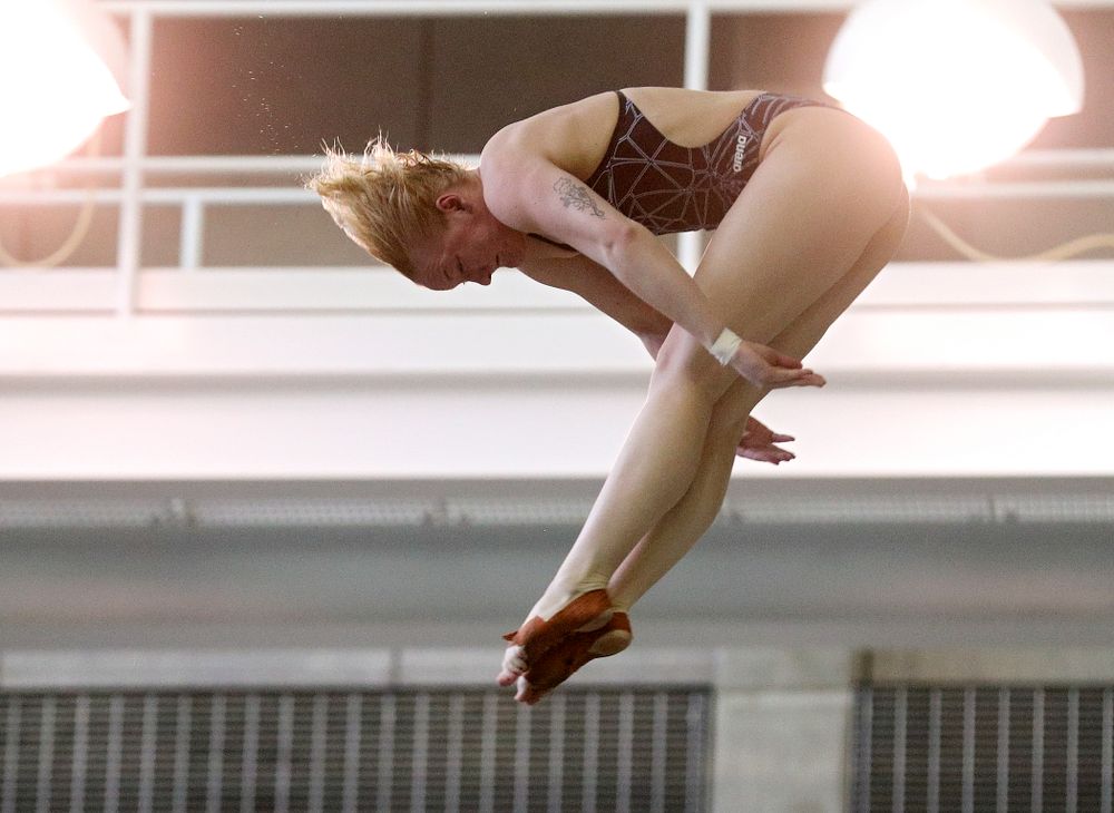 Iowa’s Thelma Strandberg competes in the women’s platform diving preliminary event during the 2020 Women’s Big Ten Swimming and Diving Championships at the Campus Recreation and Wellness Center in Iowa City on Saturday, February 22, 2020. (Stephen Mally/hawkeyesports.com)