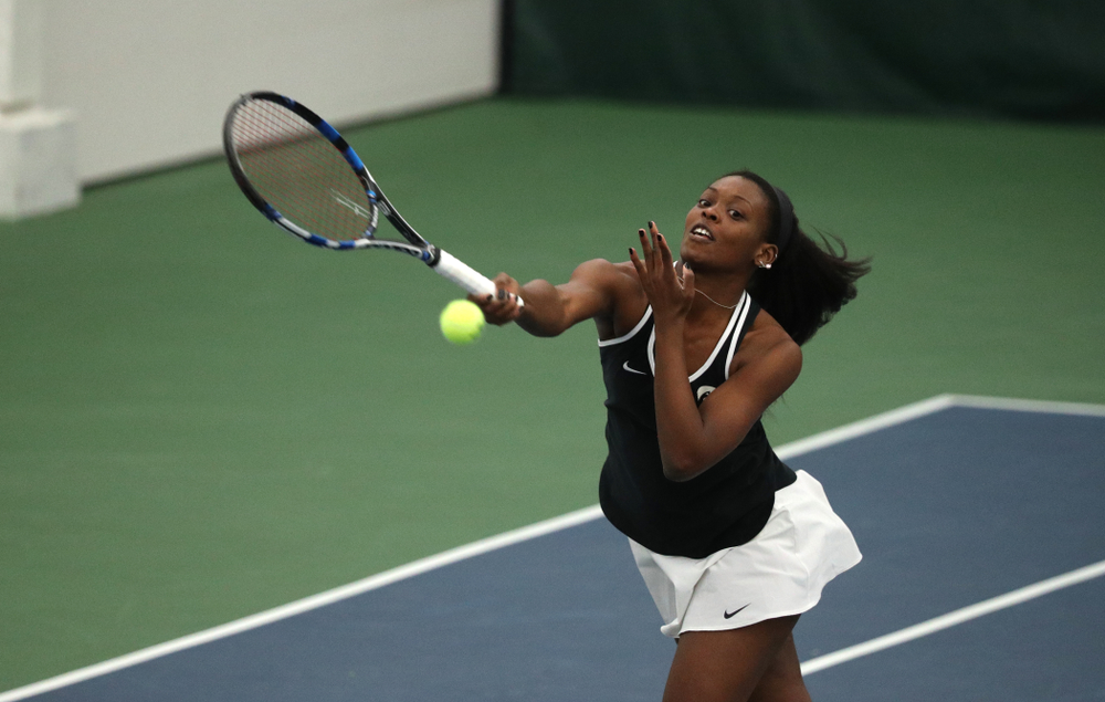 Iowa's Adorabol Huckleby during a doubles match against North Texas Sunday, January 20, 2019 at the Hawkeye Tennis and Recreation Center. (Brian Ray/hawkeyesports.com)