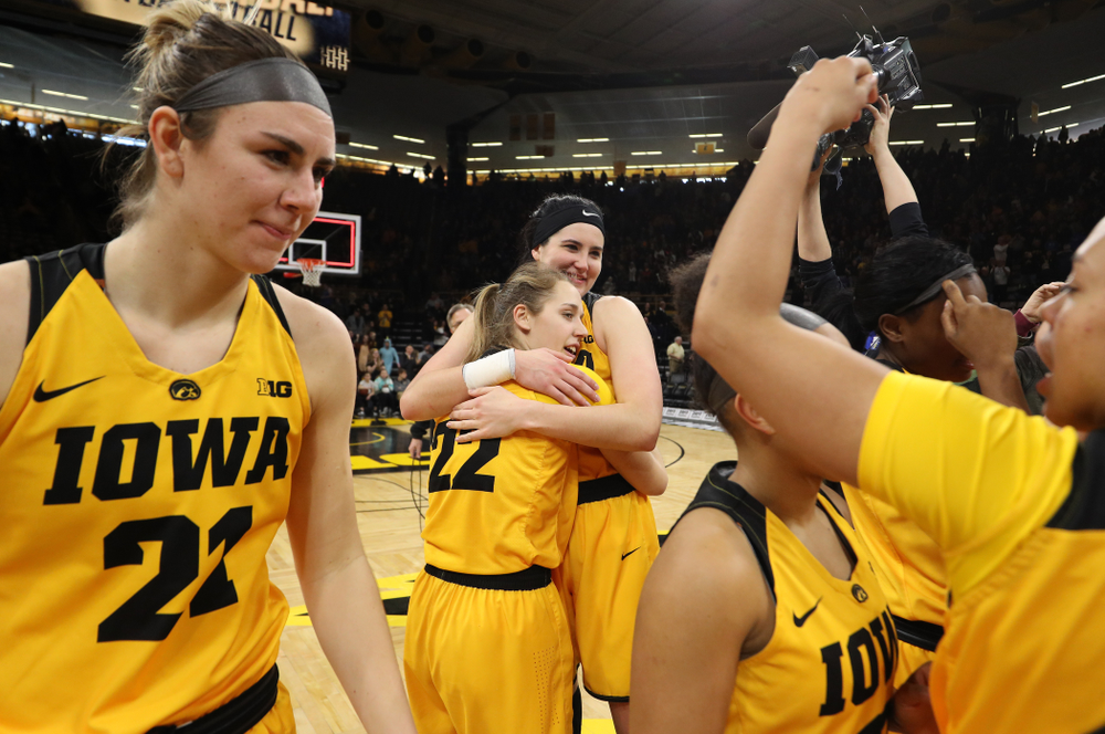 Iowa Hawkeyes forward Megan Gustafson (10) and guard Kathleen Doyle (22) during senior day ceremonies following their game against the Northwestern Wildcats Sunday, March 3, 2019 at Carver-Hawkeye Arena. (Brian Ray/hawkeyesports.com)