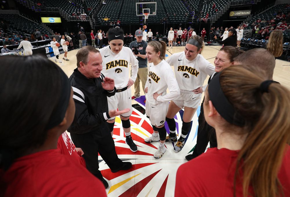 Iowa Hawkeyes forward Megan Gustafson (10), guard Kathleen Doyle (22), and forward Hannah Stewart (21) against the Indiana Hoosiers in the quarterfinals of the Big Ten Tournament Friday, March 8, 2019 at Bankers Life Fieldhouse in Indianapolis, Ind. (Brian Ray/hawkeyesports.com)