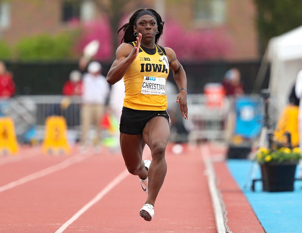Iowa's Antonise Christian runs the women’s 100 meter dash event on the third day of the Big Ten Outdoor Track and Field Championships at Francis X. Cretzmeyer Track in Iowa City on Sunday, May. 12, 2019. (Stephen Mally/hawkeyesports.com)