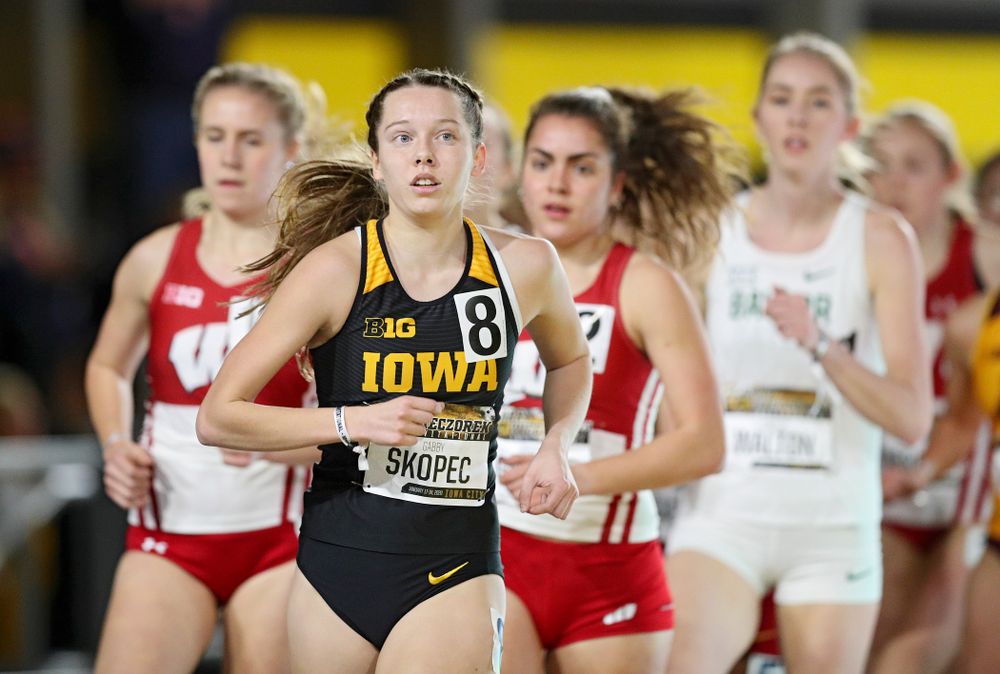 Iowa’s Gabby Skopec runs the women’s 3000 meter run event during the Larry Wieczorek Invitational at the Recreation Building in Iowa City on Friday, January 17, 2020. (Stephen Mally/hawkeyesports.com)