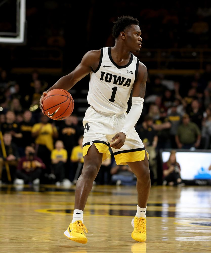 Iowa Hawkeyes guard Joe Toussaint (1) against the Minnesota Golden Gophers Monday, December 9, 2019 at Carver-Hawkeye Arena. (Brian Ray/hawkeyesports.com)