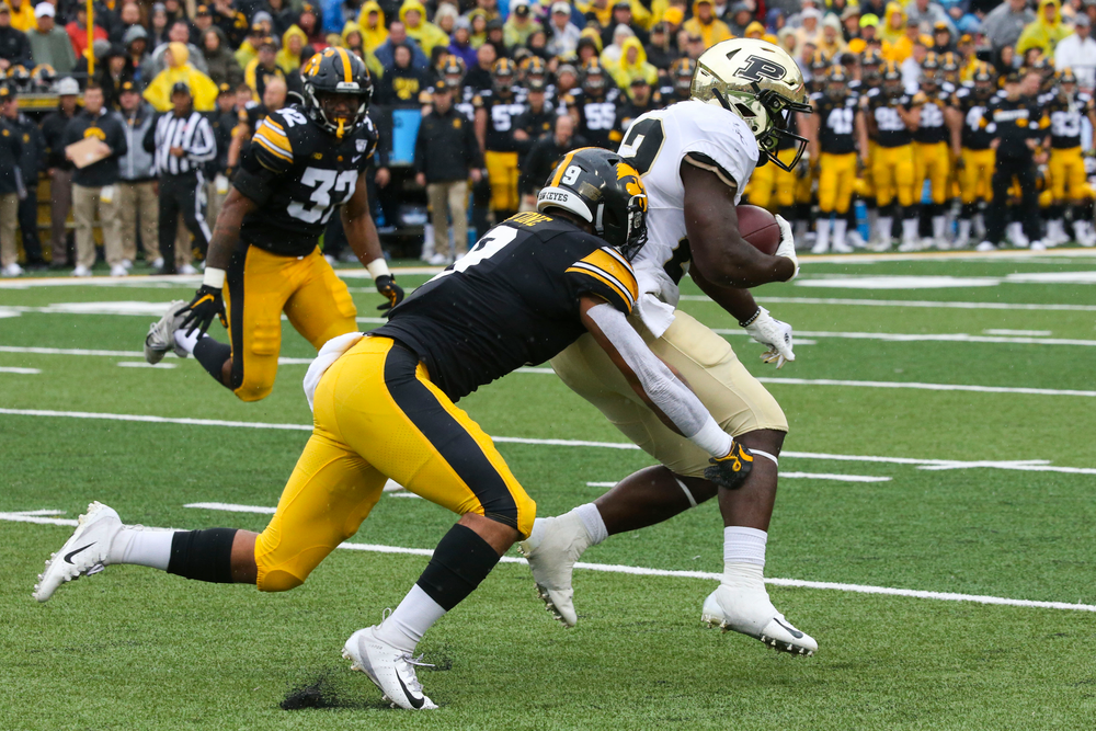 Iowa Hawkeyes defensive back Geno Stone (9) during Iowa football vs Purdue on Saturday, October 19, 2019 at Kinnick Stadium. (Lily Smith/hawkeyesports.com)