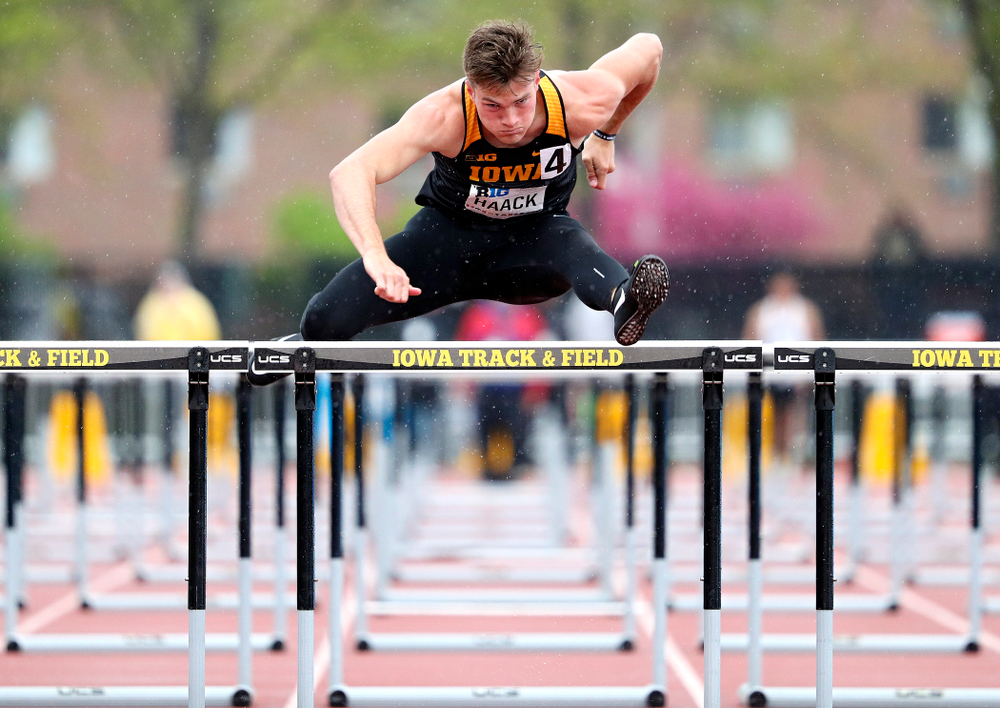 Iowa's Peyton Haack runs the men’s 110 meter hurdles in the decathlon event on the second day of the Big Ten Outdoor Track and Field Championships at Francis X. Cretzmeyer Track in Iowa City on Saturday, May. 11, 2019. (Stephen Mally/hawkeyesports.com)