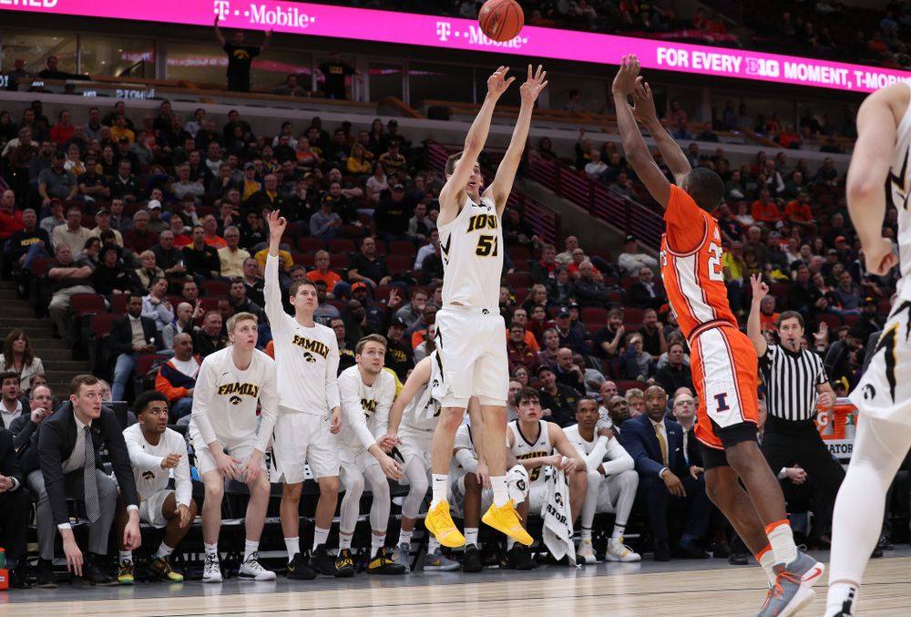 Iowa Hawkeyes forward Nicholas Baer (51) against the Illinois Fighting Illini in the 2019 Big Ten Men's Basketball Tournament Thursday, March 14, 2019 at the United Center in Chicago. (Brian Ray/hawkeyesports.com)