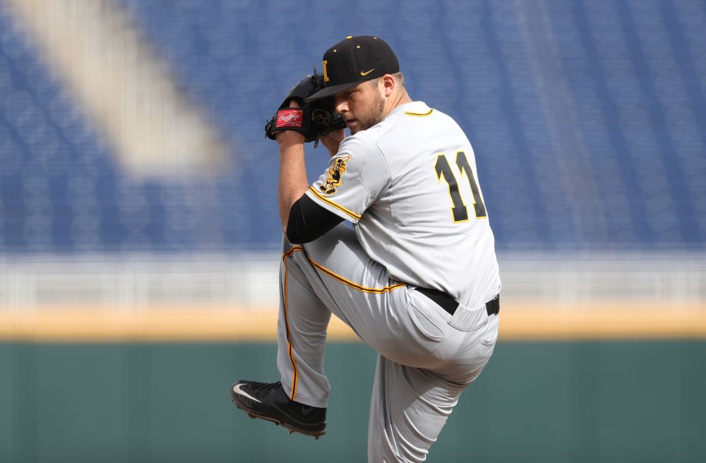 Iowa Hawkeyes Cole McDonald (11) delivers the ball to the plate against the Indiana Hoosiers in the first round of the Big Ten Baseball Tournament Wednesday, May 22, 2019 at TD Ameritrade Park in Omaha, Neb. (Brian Ray/hawkeyesports.com)