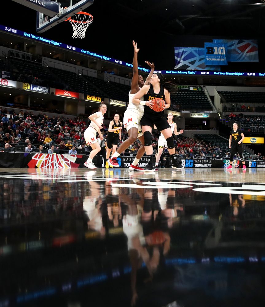 Iowa Hawkeyes forward Megan Gustafson (10) against the Maryland Terrapins in the Big Ten Championship Game Sunday, March 10, 2019 in Indianapolis, Ind. (Brian Ray/hawkeyesports.com)