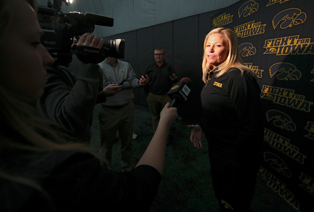 Iowa head coach Renee Gillispie answers questions during Iowa Softball Media Day at the Hawkeye Tennis and Recreation Complex in Iowa City on Thursday, January 30, 2020. (Stephen Mally/hawkeyesports.com)
