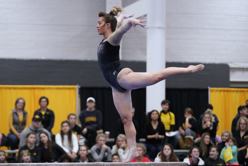 Madison Kampschroeder competes on the beam during the Black and Gold intrasquad meet Saturday, December 1, 2018 at the University of Iowa Field House. (Brian Ray/hawkeyesports.com)