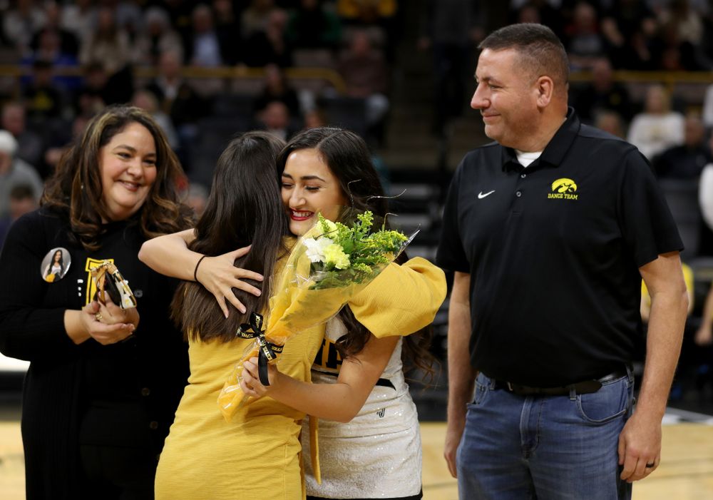 The Iowa Cheerleaders and Dance Team perform on senior night at half-time of the Iowa Hawkeyes game against the Purdue Boilermakers Tuesday, March 3, 2020 at Carver-Hawkeye Arena. (Brian Ray/hawkeyesports.com)