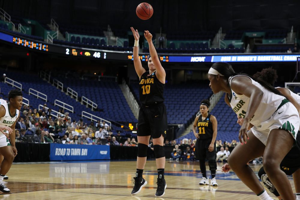 Iowa Hawkeyes forward Megan Gustafson (10) against the Baylor Lady Bears in the regional final of the 2019 NCAA Women's College Basketball Tournament Monday, April 1, 2019 at Greensboro Coliseum in Greensboro, NC.(Brian Ray/hawkeyesports.com)