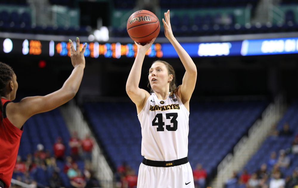 Iowa Hawkeyes forward Amanda Ollinger (43) against the NC State Wolfpack in the regional semi-final of the 2019 NCAA Women's College Basketball Tournament Saturday, March 30, 2019 at Greensboro Coliseum in Greensboro, NC.(Brian Ray/hawkeyesports.com)