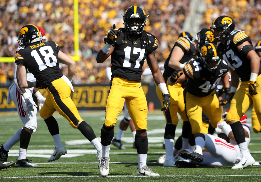 Iowa Hawkeyes defensive back Devonte Young (17) celebrates after making a tackle during the first quarter of their Big Ten Conference football game at Kinnick Stadium in Iowa City on Saturday, Sep 7, 2019. (Stephen Mally/hawkeyesports.com)