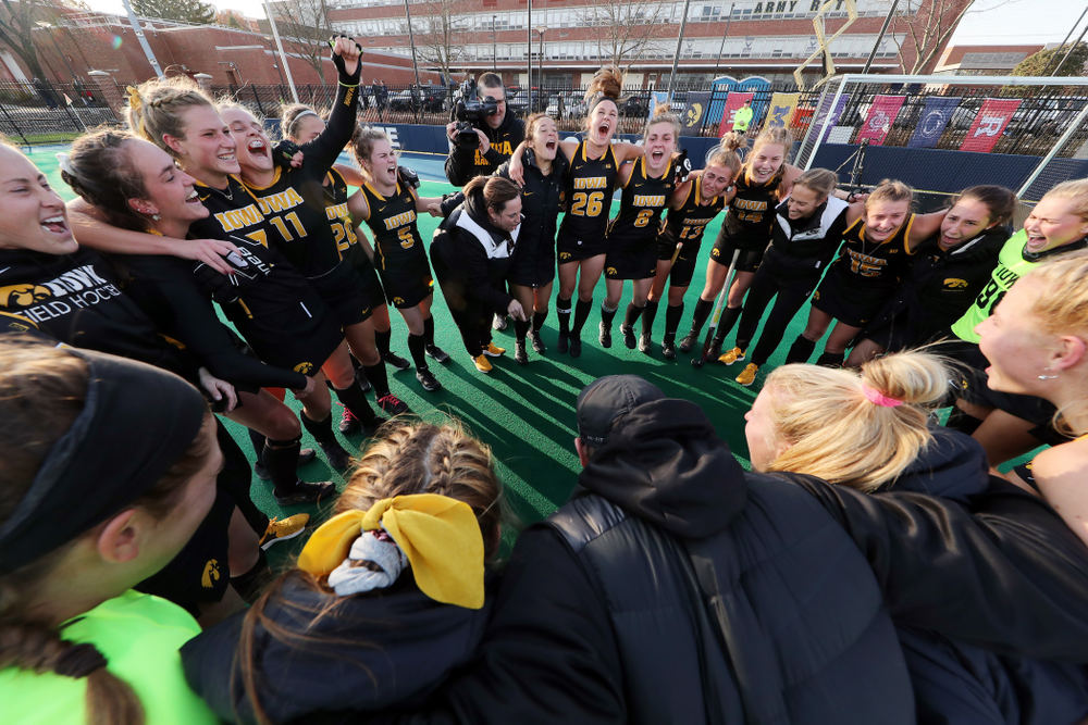 The Iowa Hawkeyes celebrate their 1-0 overtime victory over Penn State to win the 2019 Big Ten Field Hockey Tournament Sunday, November 10, 2019 at Penn State (Brian Ray/hawkeyesports.com)