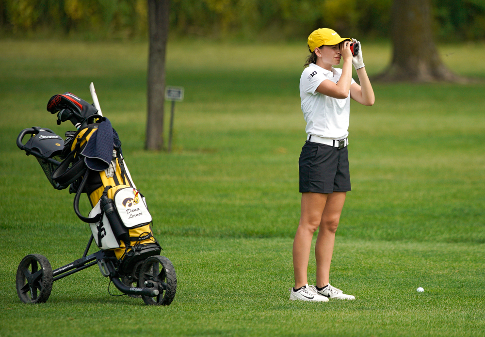 Iowa’s Dana Lerner uses a rangefinder during their dual against Northern Iowa at Pheasant Ridge Golf Course in Cedar Falls on Monday, Sep 2, 2019. (Stephen Mally/hawkeyesports.com)