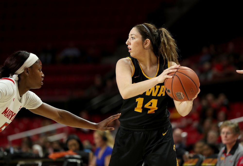 Iowa Hawkeyes forward McKenna Warnock (14) against the Maryland Terrapins Thursday, February 13, 2020 at the Xfinity Center in College Park, MD. (Brian Ray/hawkeyesports.com)