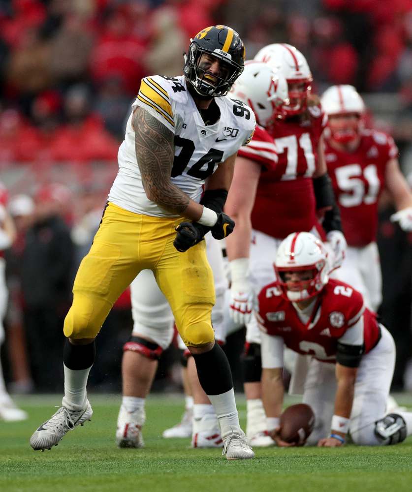 Iowa Hawkeyes defensive end A.J. Epenesa (94) against the Nebraska Cornhuskers Friday, November 29, 2019 at Memorial Stadium in Lincoln, Neb. (Brian Ray/hawkeyesports.com)