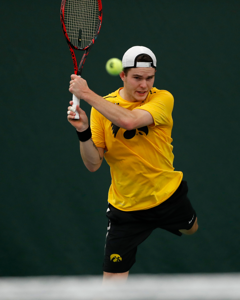 Jonas Larsen against the Illinois Fighting Illini Saturday, March 31, 2018 at Hawkeye Tennis and Recreation Center. (Brian Ray/hawkeyesports.com)