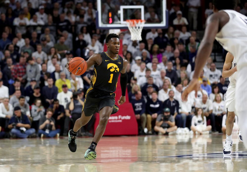 Iowa Hawkeyes guard Joe Toussaint (1) against Penn State Saturday, January 4, 2020 at the Palestra in Philadelphia. (Brian Ray/hawkeyesports.com)