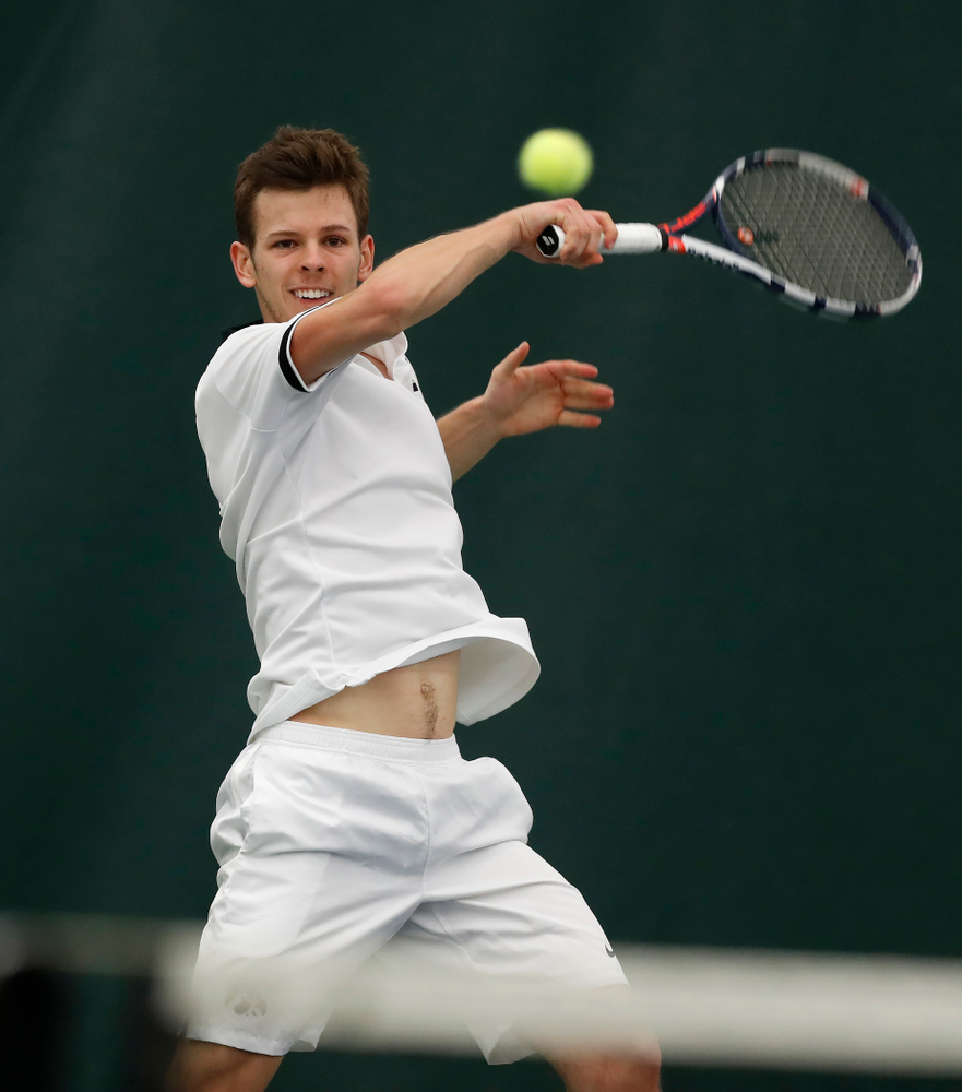 Piotr Smietana against Purdue Sunday, April 15, 2018 at the Hawkeye Tennis and Recreation Center. (Brian Ray/hawkeyesports.com)