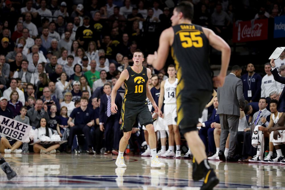 Iowa Hawkeyes guard Joe Wieskamp (10 celebrates a three point basket against Penn State Saturday, January 4, 2020 at the Palestra in Philadelphia. (Brian Ray/hawkeyesports.com)