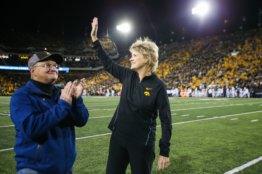 Iowa women’s basketball head coach Lisa Bluder is recognized during Iowa football vs Penn State on Saturday, October 12, 2019 at Kinnick Stadium. (Lily Smith/hawkeyesports.com)