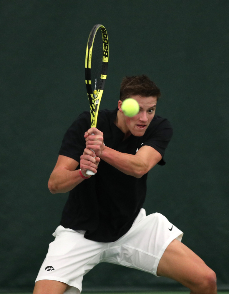 Joe Tyler against Utah Sunday, February 10, 2019 at the Hawkeye Tennis and Recreation Complex. (Brian Ray/hawkeyesports.com)