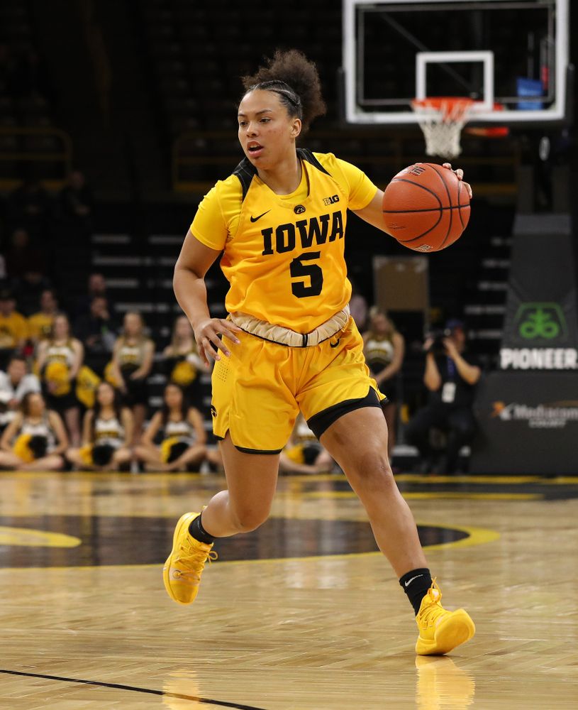 Iowa Hawkeyes guard Alexis Sevillian (5) against the Michigan State Spartans Thursday, February 7, 2019 at Carver-Hawkeye Arena. (Brian Ray/hawkeyesports.com)