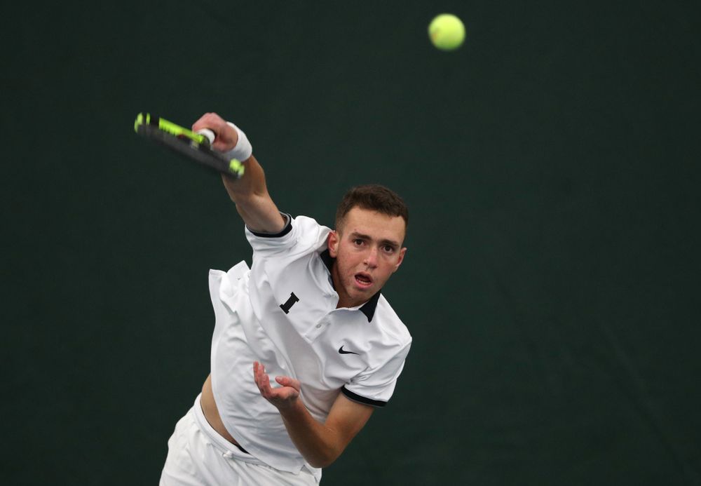 Iowa's Kareem Allaf against North Dakota Friday, January 25, 2019 at the Hawkeye Tennis and Recreation Complex. (Brian Ray/hawkeyesports.com)