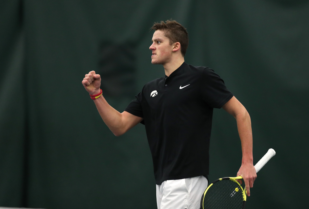 Joe Tyler against Utah Sunday, February 10, 2019 at the Hawkeye Tennis and Recreation Complex. (Brian Ray/hawkeyesports.com)