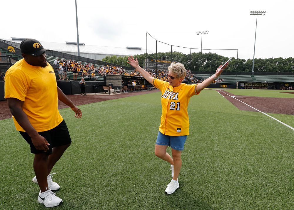 Deputy Director of Athletics Barbara Burke during the Iowa Student Athlete Kickoff Kickball game Sunday, August 19, 2018 at Duane Banks Field. (Brian Ray/hawkeyesports.com)