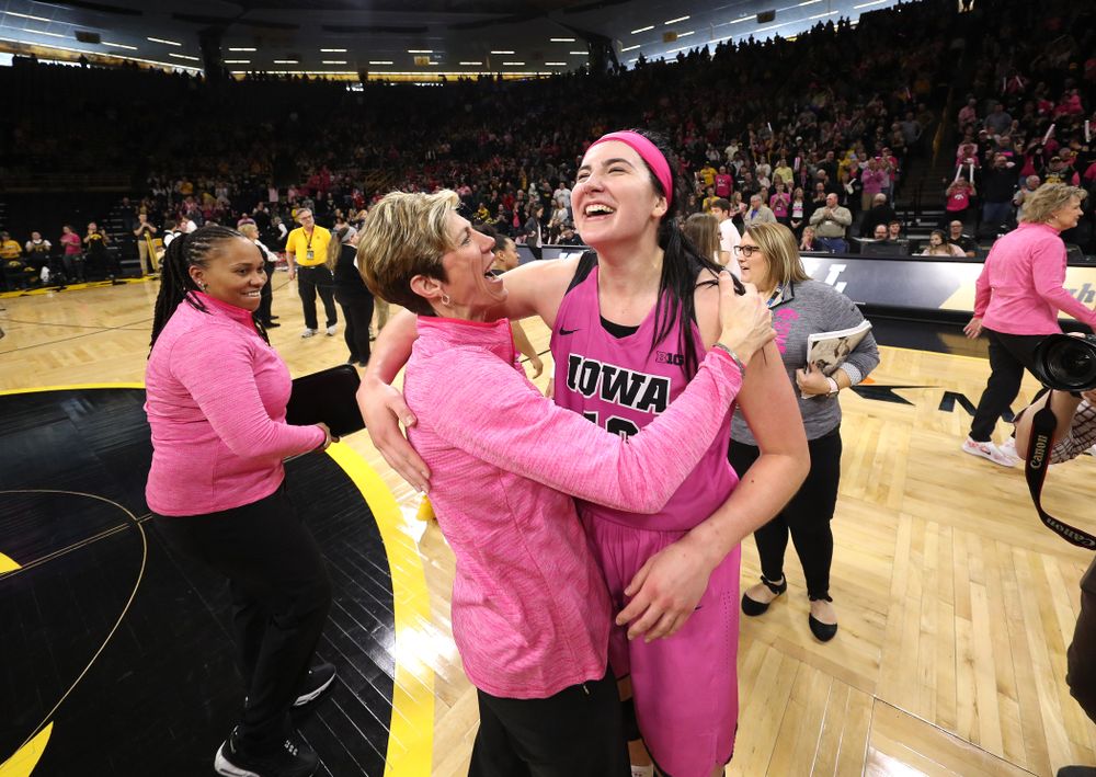 Iowa Hawkeyes forward Megan Gustafson (10) and associate head coach Jan Jensen against the seventh ranked Maryland Terrapins Sunday, February 17, 2019 at Carver-Hawkeye Arena. (Brian Ray/hawkeyesports.com)