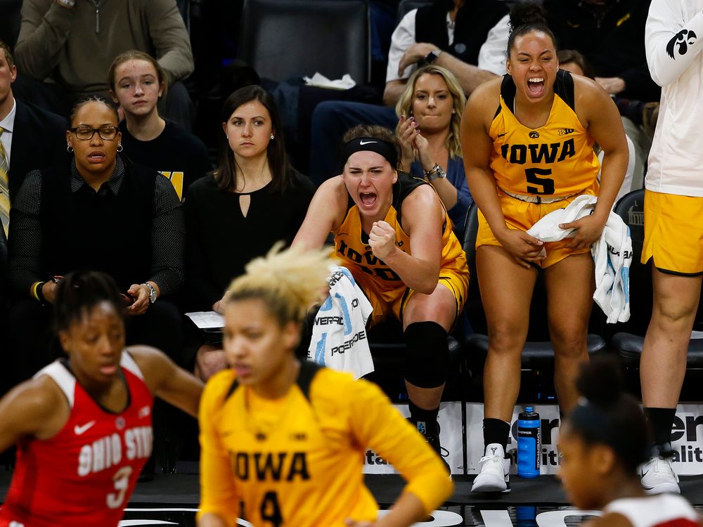 Iowa Hawkeyes forward Megan Gustafson (10) and Iowa Hawkeyes guard Alexis Sevillian (5) react to a made basket on the bench during a game against the Ohio State Buckeyes at Carver-Hawkeye Arena on January 25, 2018. (Tork Mason/hawkeyesports.com)