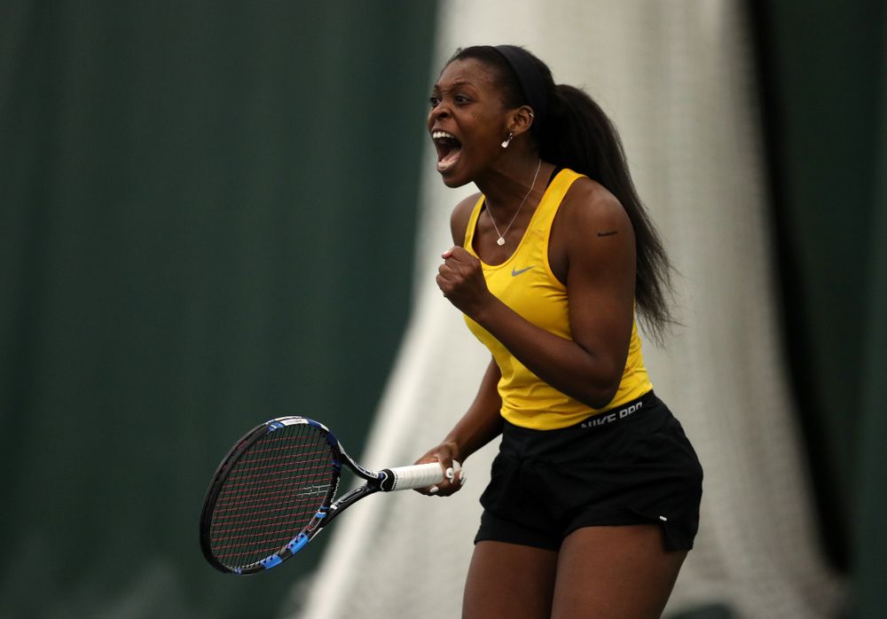 Iowa's Adorabol Huckleby against the Iowa State Cyclones Friday, February 8, 2019 at the Hawkeye Tennis and Recreation Complex. (Brian Ray/hawkeyesports.com)